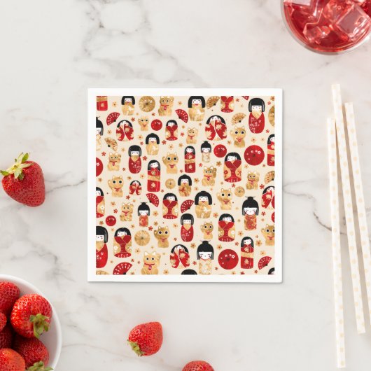 Serviette En Papier Poupées japonaises - Chats Kokeshi et Maneki Neko (En situation)