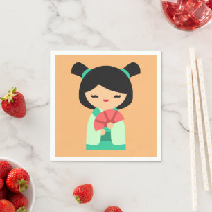 Serviette En Papier Poupées japonaises Kokeshi à l'aqua rose