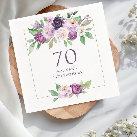 Serviette En Papier Pourpre | Violet Floral 70e anniversaire