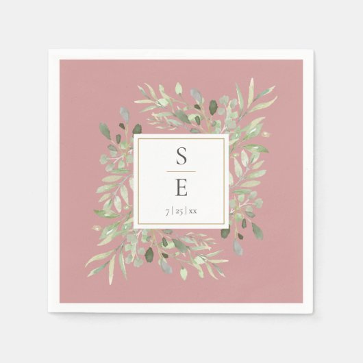 Serviette En Papier Poussière de rose Monogramme Feuillage (Devant)