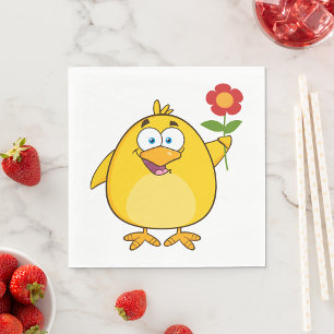 Serviette En Papier Poussin tenant une fleur, animal drôle et heureux