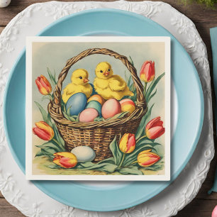 Serviette En Papier Poussins de Pâques vintages avec tulipes