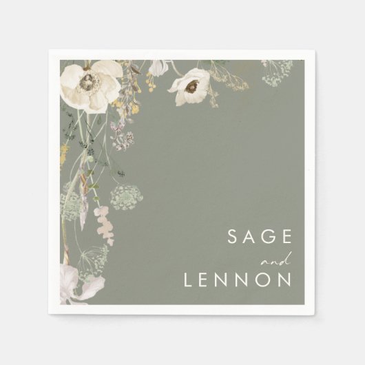 Serviette En Papier Pré Fleur sauvage lunaire | Mariage vert Sage (Devant)