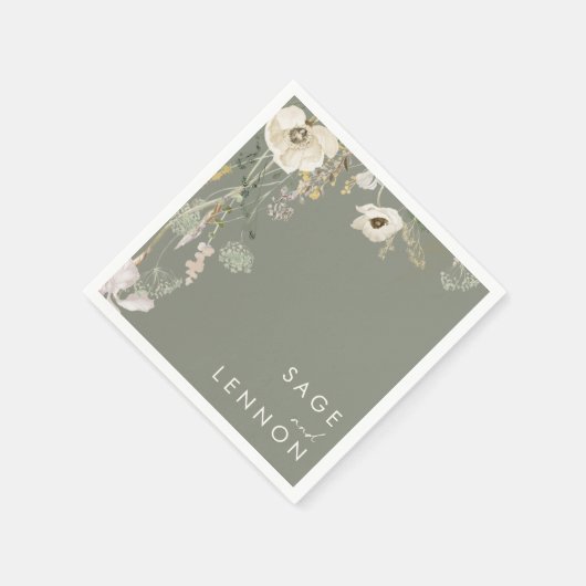 Serviette En Papier Pré Fleur sauvage lunaire | Mariage vert Sage (Coin)