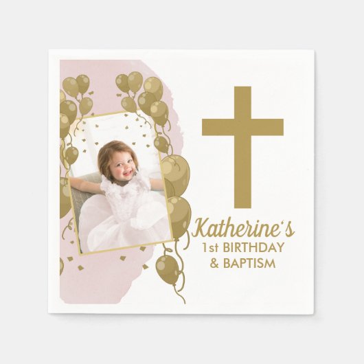 Serviette En Papier Premier anniversaire Baptême rose Ballons d'or Pho (Devant)