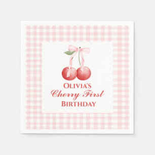 Serviette En Papier Premier anniversaire Cerise Ruban Rose Gingham
