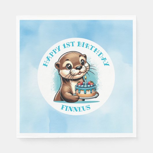 Serviette En Papier Premier anniversaire du garçon à thème Otter Perso (Devant)