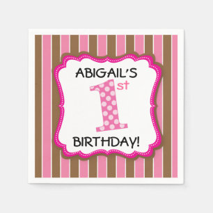 Serviette En Papier Premier anniversaire d'une fille Rose Brun Rayures