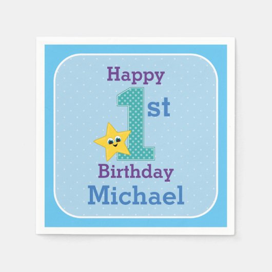 Serviette En Papier Premier anniversaire garçon, bleu, étoile jaune av (Devant)