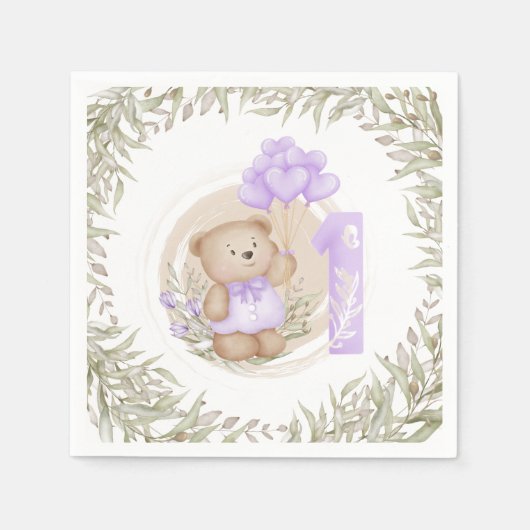 Serviette En Papier Premier Anniversaire Mignonne Teddy Bear Ballons C (Devant)