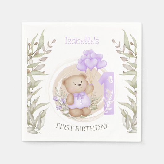 Serviette En Papier Premier Anniversaire Mignonne Teddy Bear Ballons C (Devant)