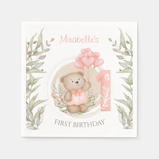 Serviette En Papier Premier Anniversaire Mignonne Teddy Ours Ballons C (Devant)