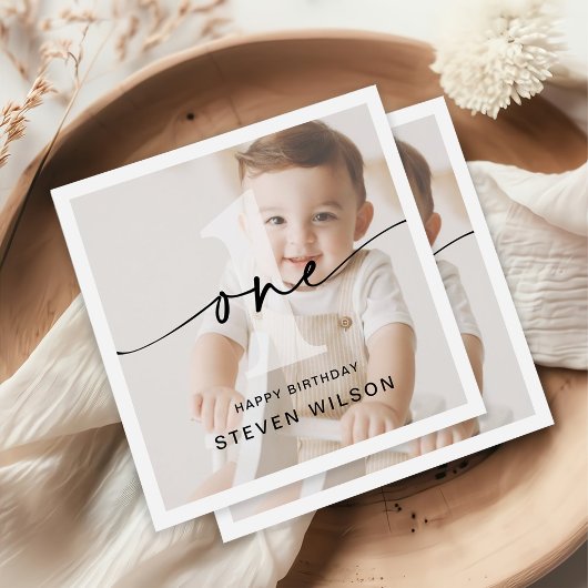 Serviette En Papier Premier anniversaire minimaliste d'une photo