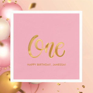 Serviette En Papier Premier anniversaire minimaliste rose moderne