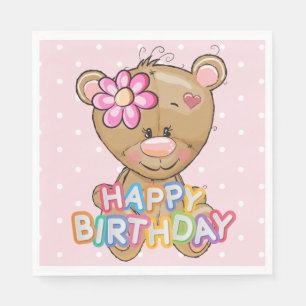 Serviette En Papier Premier anniversaire Pois roses Teddy Bear