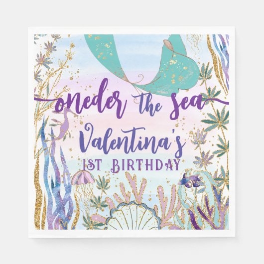 Serviette En Papier Premier ONE der the Sea Birthday Mermaid Parties s (Devant)