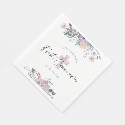 Serviette En Papier Première Communion Aquarelle Fleur sauvage Croix p (Coin)