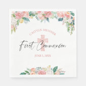Serviette En Papier Première Communion Aquarelle Florale Rose Croix ro (Devant)