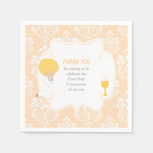 Serviette En Papier Première Communion Blonde Boy Peach Damask (Devant)