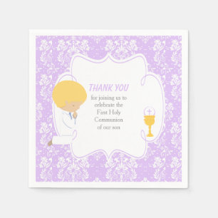 Serviette En Papier Première Communion Blonde Boy Purple Damask