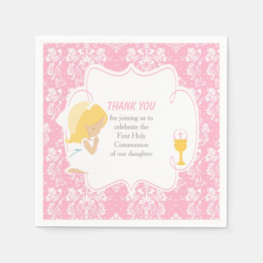 Serviette En Papier Première Communion Blonde fille rose Damask (Devant)