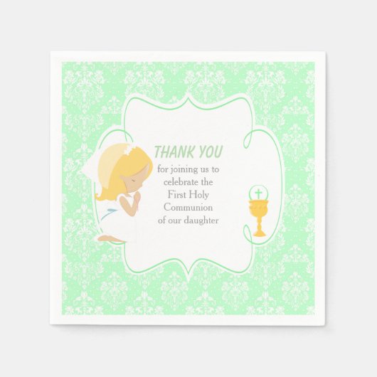 Serviette En Papier Première Communion Blonde Girl Green Damask (Devant)