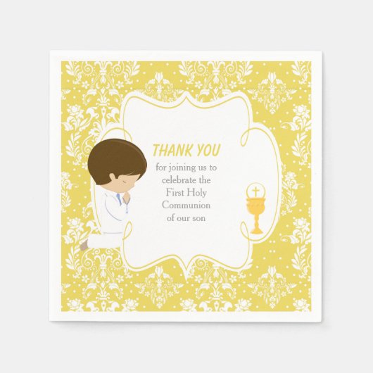 Serviette En Papier Première Communion Brunette Boy Gold Damask (Devant)