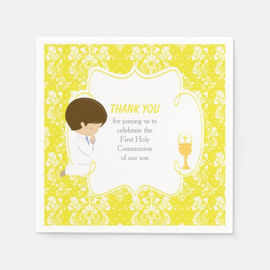 Serviette En Papier Première Communion Brunette Boy Yellow Damask (Devant)