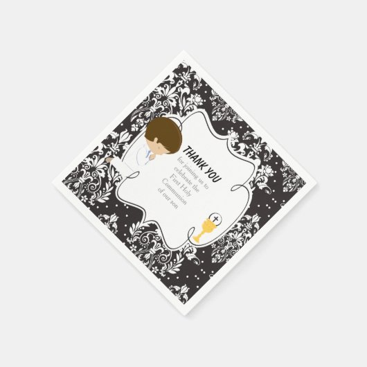 Serviette En Papier Première Communion Brunette Garçon Noir Damask (Coin)