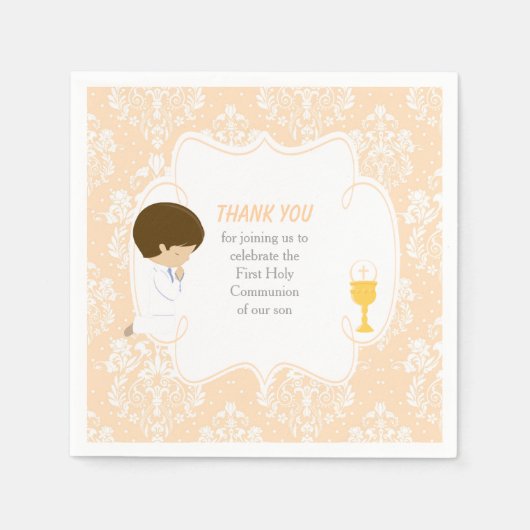 Serviette En Papier Première Communion Brunette Garçon Peach Damask (Devant)
