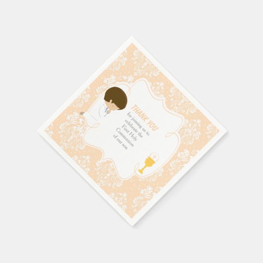 Serviette En Papier Première Communion Brunette Garçon Peach Damask (Coin)
