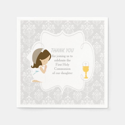 Serviette En Papier Première Communion Brunette Girl Argent Damask (Devant)