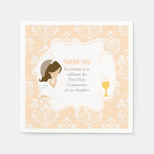 Serviette En Papier Première Communion Brunette Girl Peach Damask (Devant)