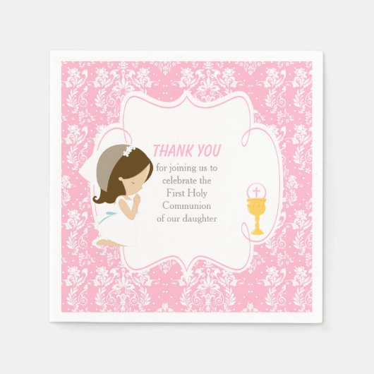 Serviette En Papier Première Communion Brunette Girl Rose Damask (Devant)