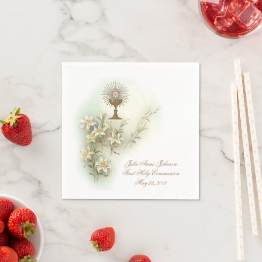 Serviette En Papier Première Communion Catholique Chalice Hôte Lys (En situation)