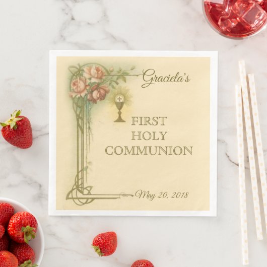 Serviette En Papier Première Communion catholique Chalice Roses d'accu (En situation)