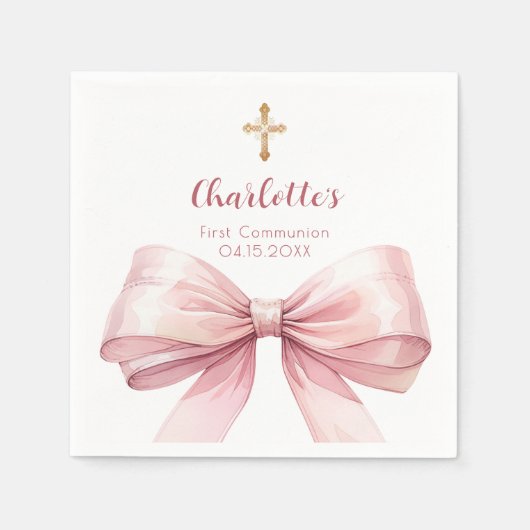 Serviette En Papier Première communion croix d'arc rose rousse (Devant)