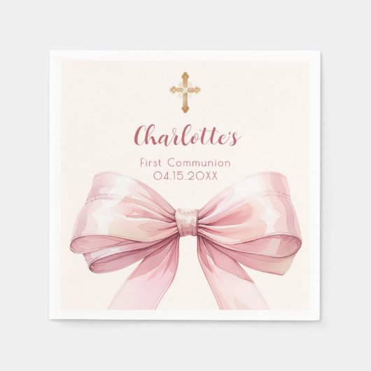 Serviette En Papier Première communion croix de crème d'arc rose (Devant)
