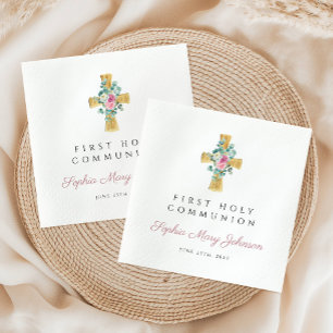 Serviette En Papier Première communion croix de pivoines florales rose
