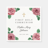 Serviette En Papier Première communion de la croix florale rose élégan (Devant)