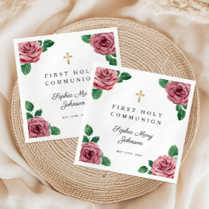 Serviette En Papier Première communion de la croix florale rose élégan