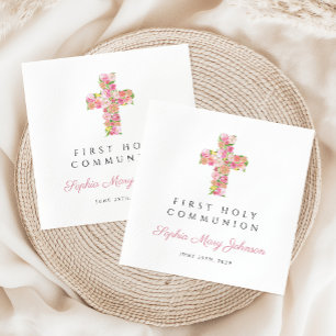 Serviette En Papier Première communion de la croix florale rose élégan