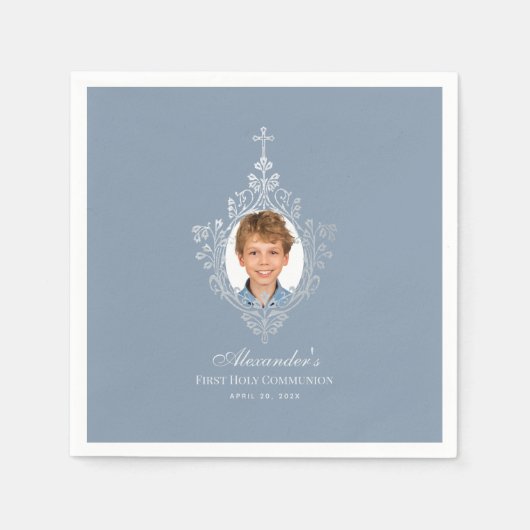 Serviette En Papier Première Communion Dusty Blue Elegant Boy Photo (Devant)