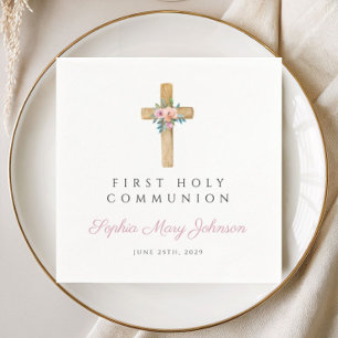 Serviette En Papier Première communion fille croix florale moderne