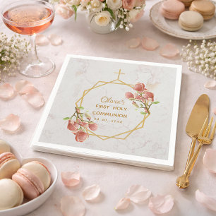 Serviette En Papier Première communion fille Magnolia rose Marbre doré