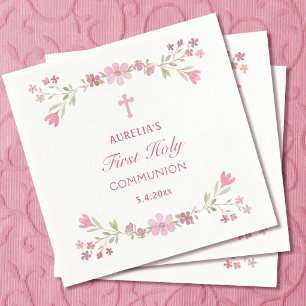 Serviette En Papier Première communion fleurs roses