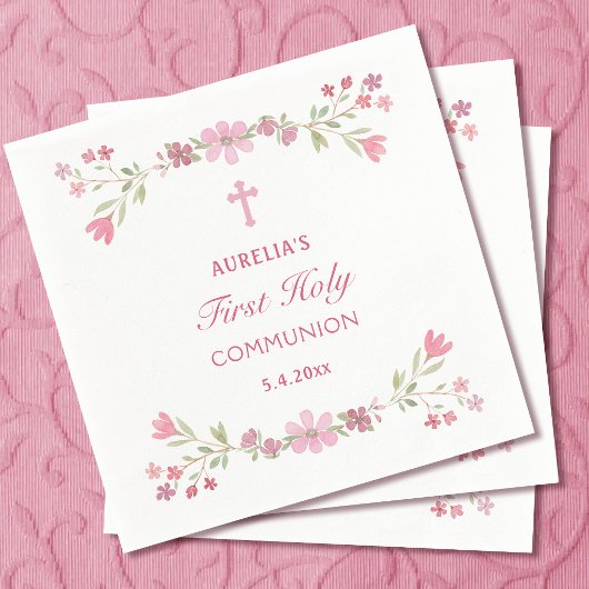 Serviette En Papier Première communion fleurs roses
