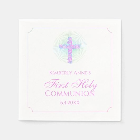 Serviette En Papier Première communion Floral Cross Lavender Monogramm (Devant)