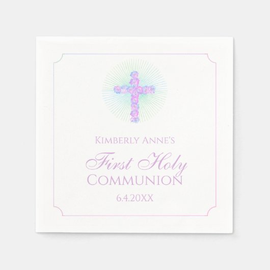 Serviette En Papier Première communion Floral Cross Lavender Monogramm (Devant)