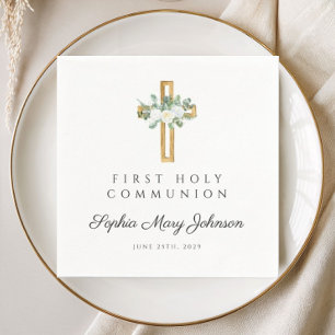 Serviette En Papier Première communion florale blanche élégante